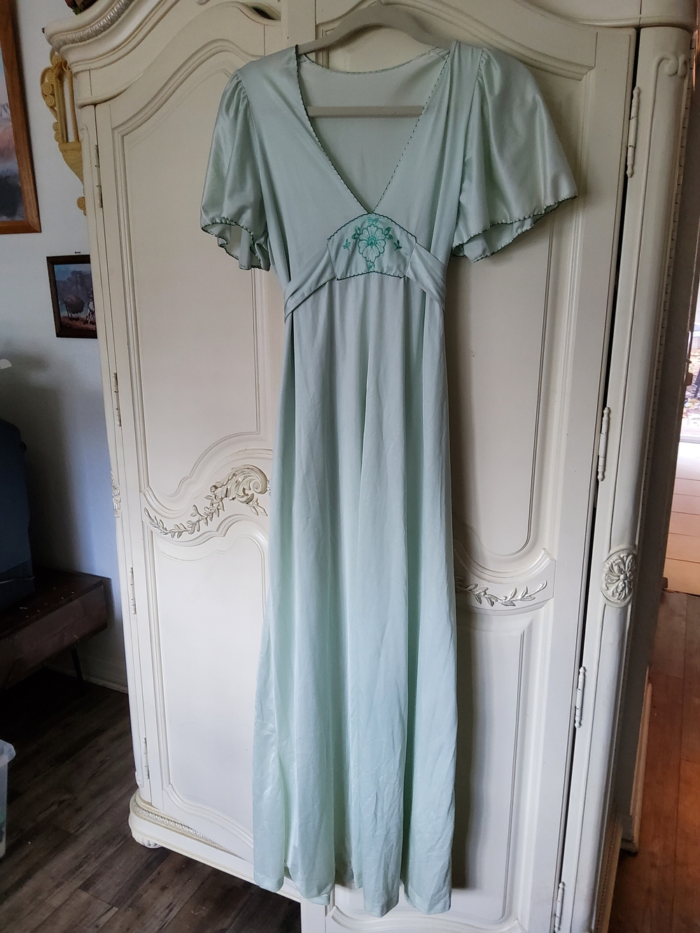 Vintage 70s Does 30s Mint Slip Dress with Embroidered Detail